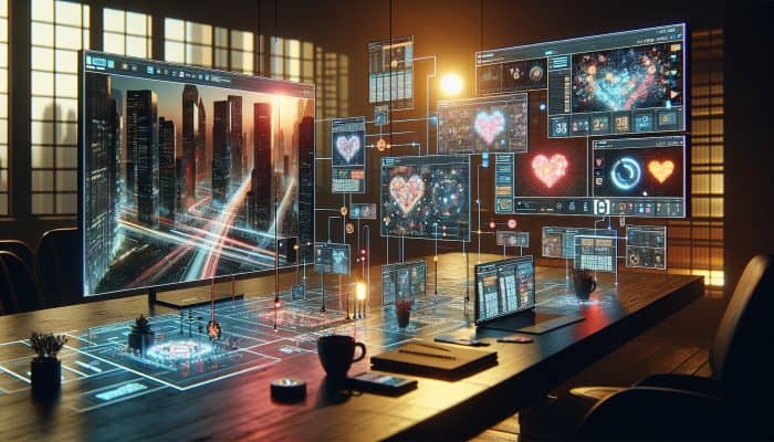 Apps like WhatsApp, Zoom, and Couple on screens, connecting two people in different cities for a long-distance relationship.