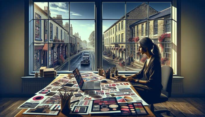 A dedicated small business owner in Calne focused on developing marketing materials and engaging with digital tools at a desk adorned with historical architecture.