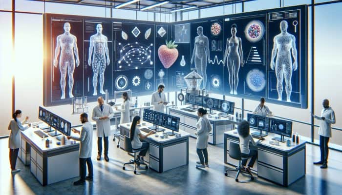 A cutting-edge laboratory equipped with advanced technology for precise food intolerance testing, showing diverse individuals receiving tailored dietary advice.