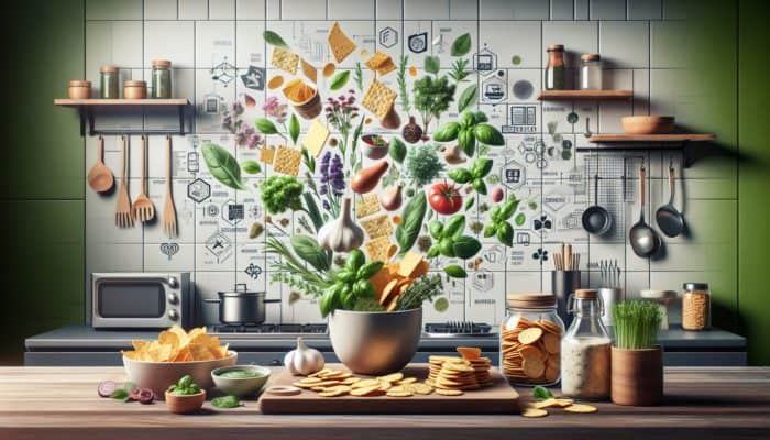 A kitchen scene depicting various herbs like basil, rosemary, and thyme mixed into snacks, illustrating a healthy snacking guide.