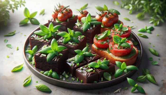 A vibrant snack platter featuring chocolate brownies infused with mint and tomato bruschetta topped with basil.