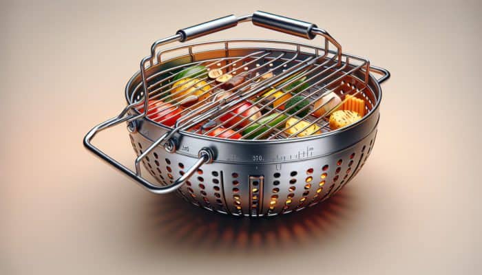 Stainless steel grilling basket with locking mechanism, removable handle, and ventilation holes on a hot grill with vegetables.