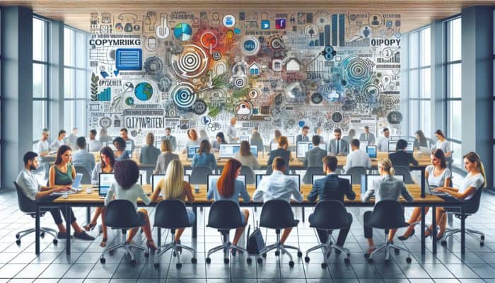 Modern Wellington office with copywriters using digital devices to create personalized, authentic content amidst social media icons and short-form text.