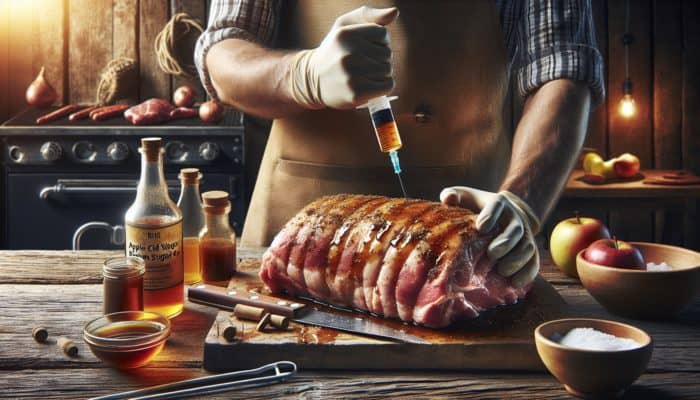 A pitmaster injecting pork shoulder with a marinade, enhancing its sweetness, at a rustic barbecue.