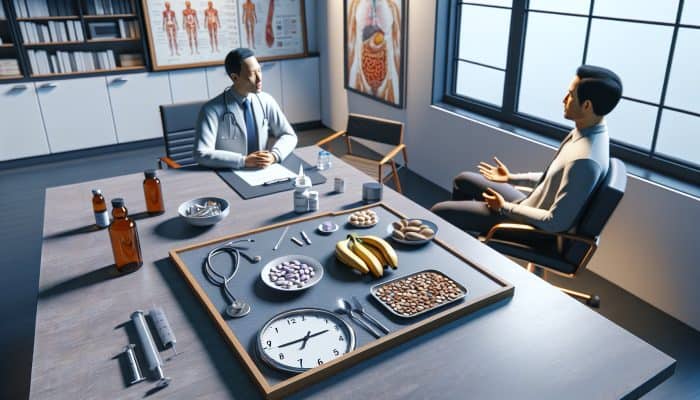 Individual in a doctor's office discussing thyroid test preparations, with a food list on the table.