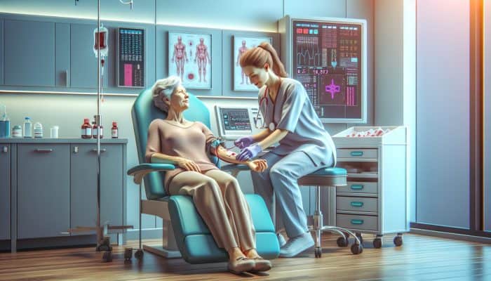 Patient in a calm clinic environment having their blood drawn by a nurse, experiencing minimal discomfort.