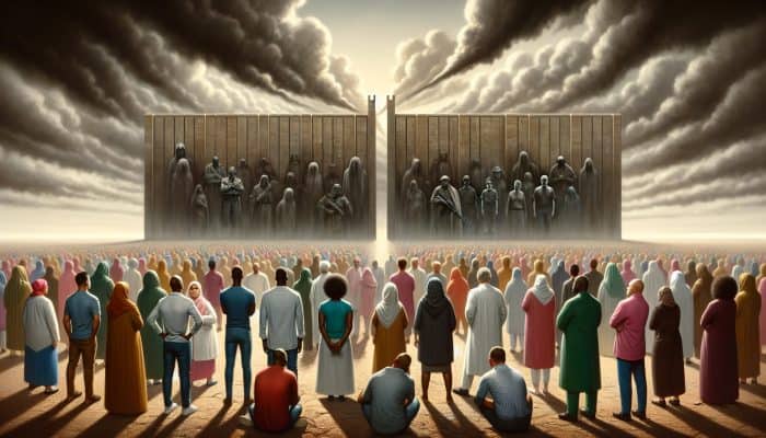 A diverse group of UK minorities facing a wall symbolizing cultural barriers to mental health, with shadowy figures under a cloudy sky.