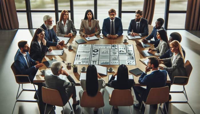 A diverse team conducting a structured risk assessment in a modern conference room with charts and documents.