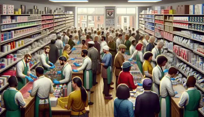 A bustling Swansea specialty shop with shelves filled with latex gauntlet gloves and staff assisting customers in selecting safety gear.