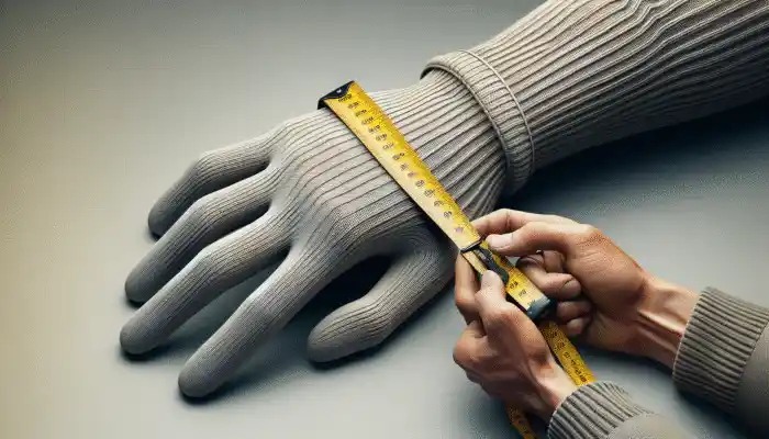 A person measuring hand circumference and trying on a properly fitted glove.