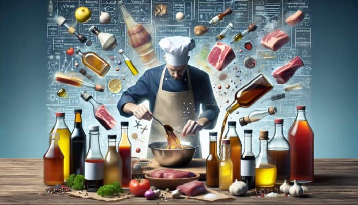 Chef experimenting with BBQ mop sauce, adjusting vinegar ratios with various ingredients.
