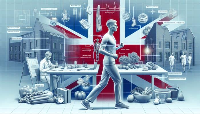 Illustration of a UK man's health routine including gym, diet, mental health, and check-ups in a modern urban environment.