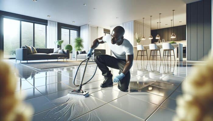 Professional cleaner revitalizing a home's tiled floor, enhancing vibrancy and appeal.