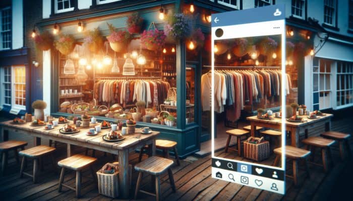 A bustling Sidmouth café showcasing vibrant seasonal dishes and a stylish boutique displaying unique clothing on Instagram.