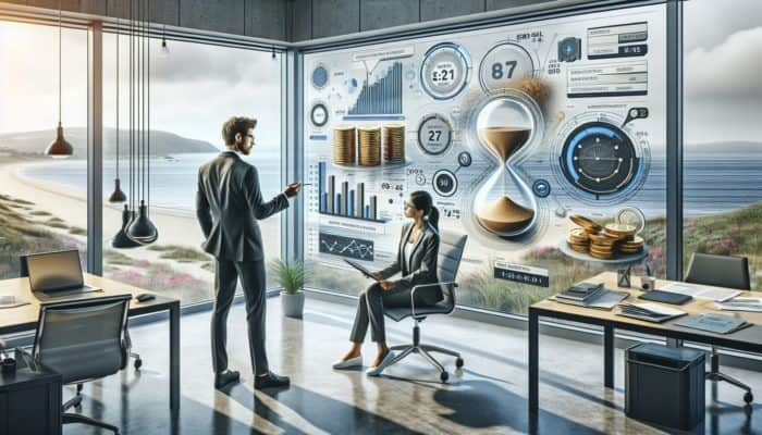 A web developer presenting a timeline and budget proposal to a Barnstaple business owner in a modern office with a coastal view.