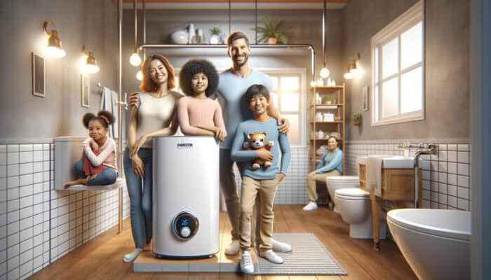 A modern tankless water heater in a Richmond home's cozy bathroom, replacing an old tank model, lowering energy bills.