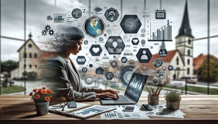 A small business owner setting up social media, using a laptop with branding materials, calendar, and analytics visible.