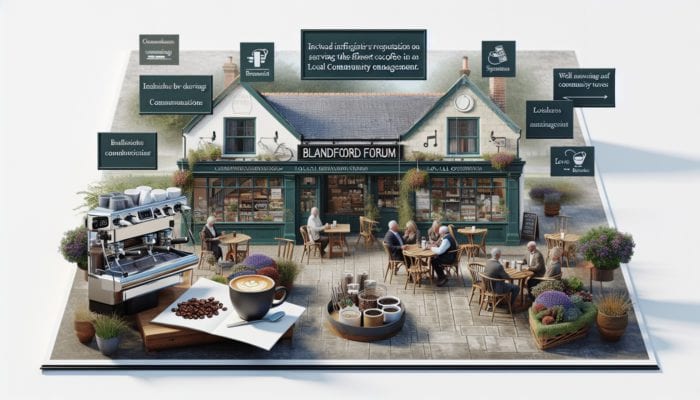 A bustling café in Blandford Forum displaying signs for best coffee and community event posters.