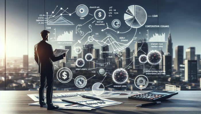A businessman analysing loan documents with charts and graphs in a modern office, city skyline visible.