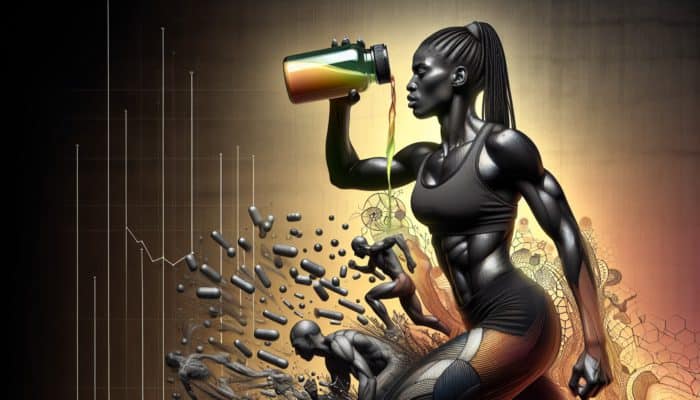 Athlete drinking glutamine supplement post-training; charts show declining levels during illness and injury.