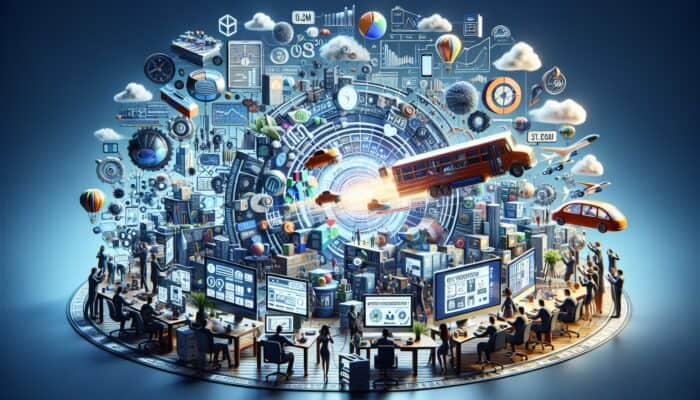 A bustling e-commerce website with streamlined images loading swiftly on devices, optimized by CDNs for a seamless shopping experience.