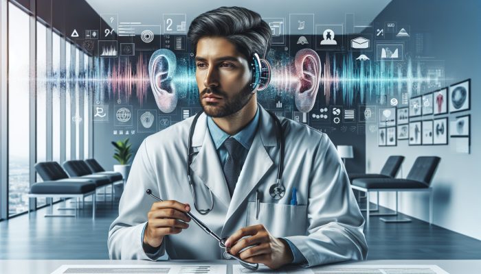 A male audiologist conducting comprehensive hearing assessments using advanced equipment in a modern clinic, surrounded by informative prevention posters.
