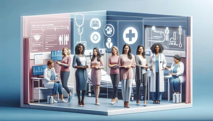 Diverse UK women accessing healthcare via NHS GPs and private clinics, with medical service symbols.