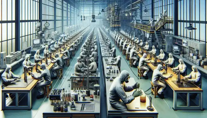 Workers in a Goole laboratory rigorously testing safety gloves with advanced equipment for quality assurance.