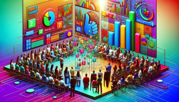 A colourful LinkedIn poll on a vibrant interface, surrounded by diverse professionals engaging with graphs and images.