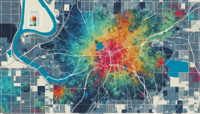 A detailed population density map with vibrant colours showing high and low concentration areas for urban planning.