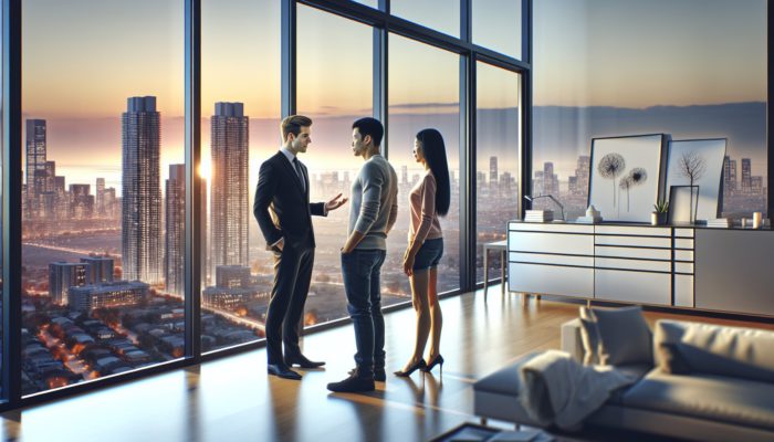 A real estate agent presenting a couple with a modern home in Standerton featuring city views.