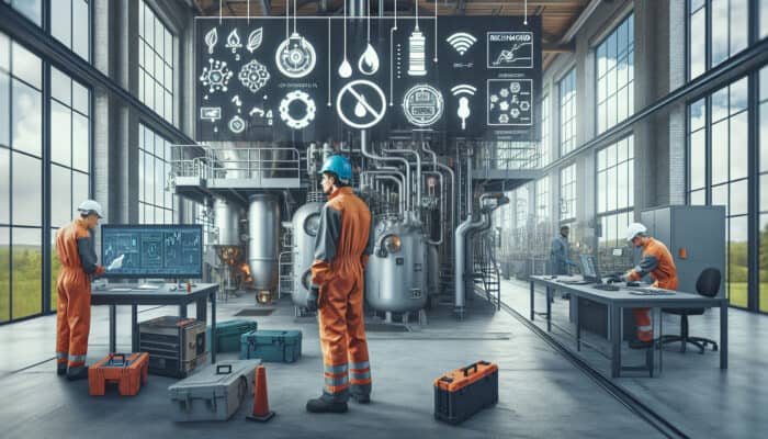 Technicians servicing a modern furnace system in a Richmond workshop.