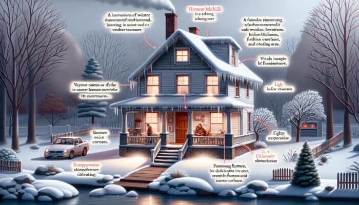 A Richmond home in winter showing cold spots, a faulty furnace, and a homeowner checking a clogged filter.