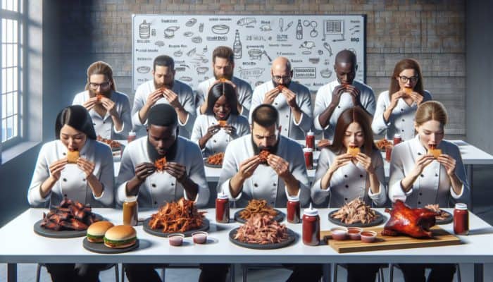 A diverse group of aspiring BBQ judges tasting various BBQ styles at a culinary school certification course.