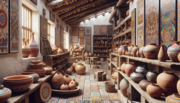 A vibrant San Miguel de Allende workshop with clay pottery and talavera tiles, showcasing the cultural significance of local materials.