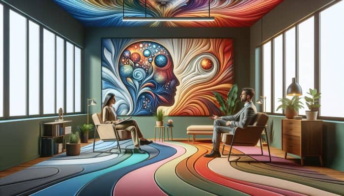 A serene therapy room with a therapist and client engaging in cognitive behavioral therapy, surrounded by soothing colors and diagrams.