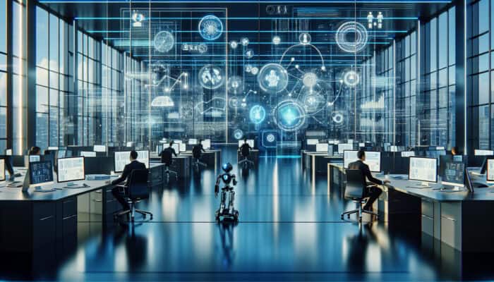A futuristic office with holographic screens, robots, and an AI system optimizing workflow tasks.