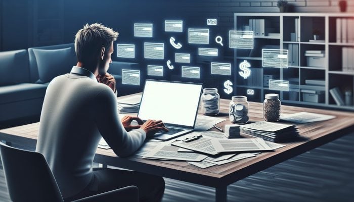 How a Consolidation Loan Saved My Finances: UK Success Story | DCL A person reviewing credit report on laptop, surrounded by financial documents and lender list in home office.