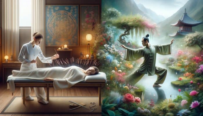 A tranquil garden scene illustrating a person transitioning from acupuncture to Tai Chi, symbolizing health and stress relief.