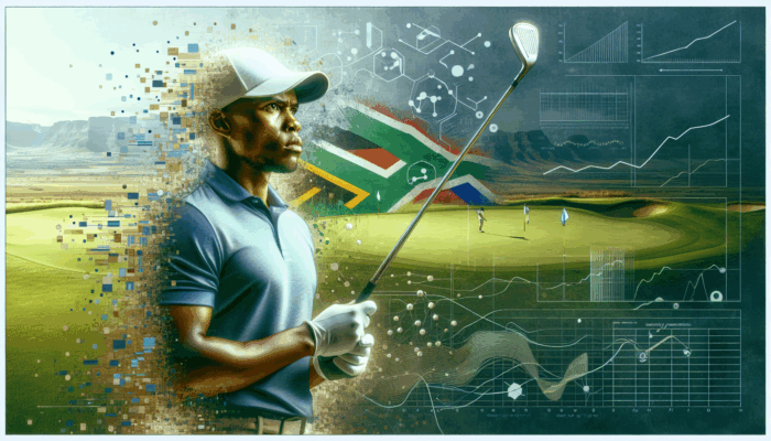 A South African golfer focused on a challenging course, showing mental resilience and a growth mindset.
