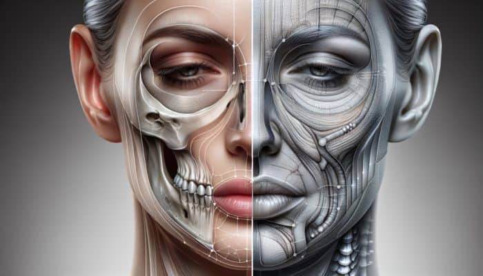 Illustration of jawline contouring factors: bone structure, skin elasticity, health, and age-related skin response comparisons.