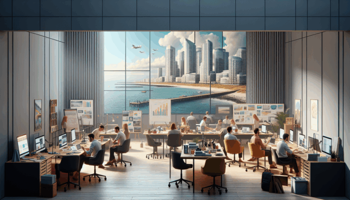 A collaborative team of web designers in a modern office in Sidmouth, engaged in WordPress project development with scenic coastal views.