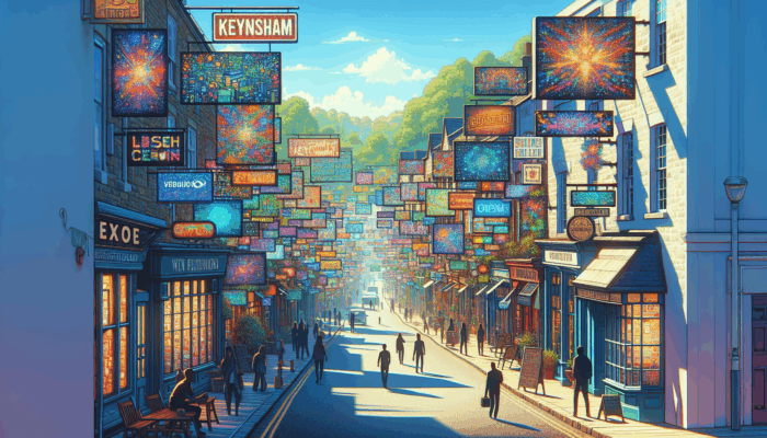 Keynsham high street showcasing small businesses effectively using vibrant digital ads for professional marketing strategies.