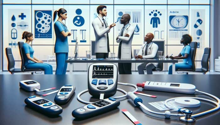 Diabetes Blood Testing in Airdrie: Infographic showcasing diabetes blood testing in Airdrie clinic, featuring glucose meters, test strips, and healthcare professionals.