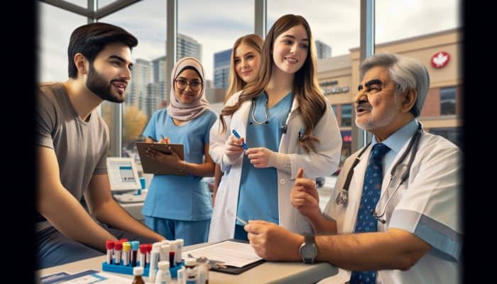 Diverse healthcare team in Airdrie guiding patient through a diabetes test in clinic.