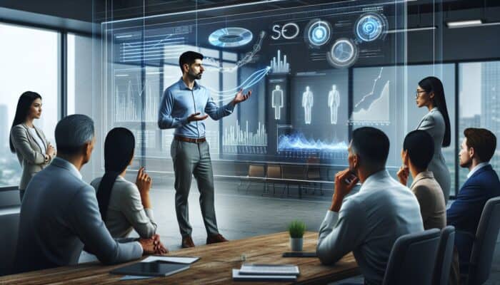 A professional SEO expert presents forecasting charts and data analytics to a diverse team in a modern office.