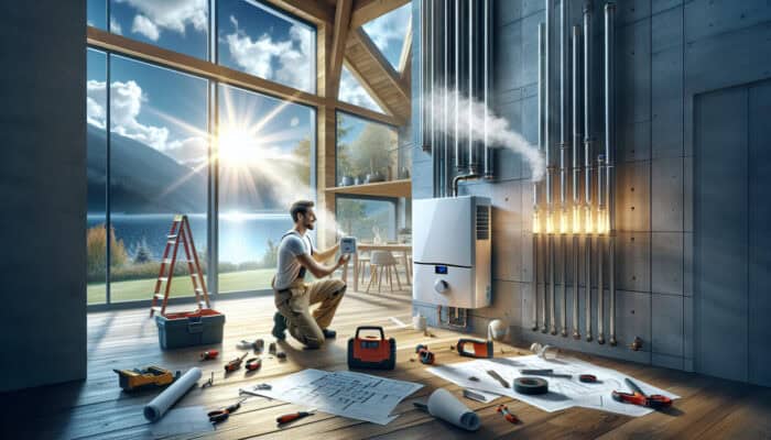 A technician installs a tankless water heater in a contemporary Chilliwack home, surrounded by tools, blueprints, and scenic mountains with rising steam.