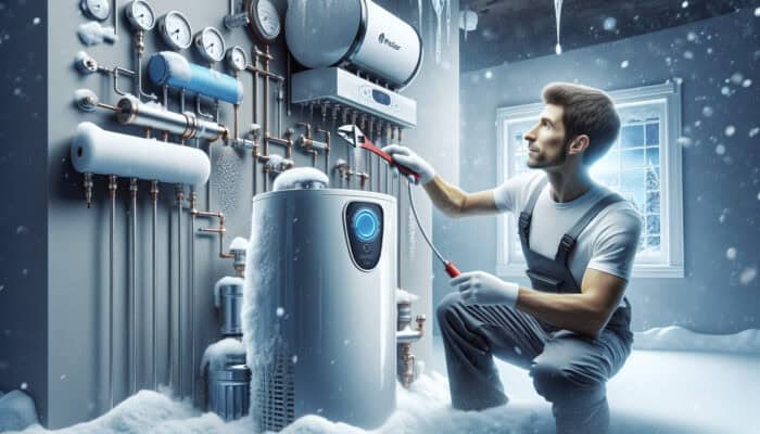 Technician in a snowy Canadian home inspects a sleek tankless water heater, removing scale buildup with tools, near a modern water softener.