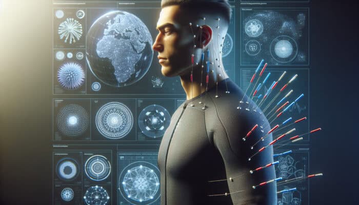 A contemporary UK athlete undergoing electroacupuncture for muscle recovery, part of a holistic wellness program.