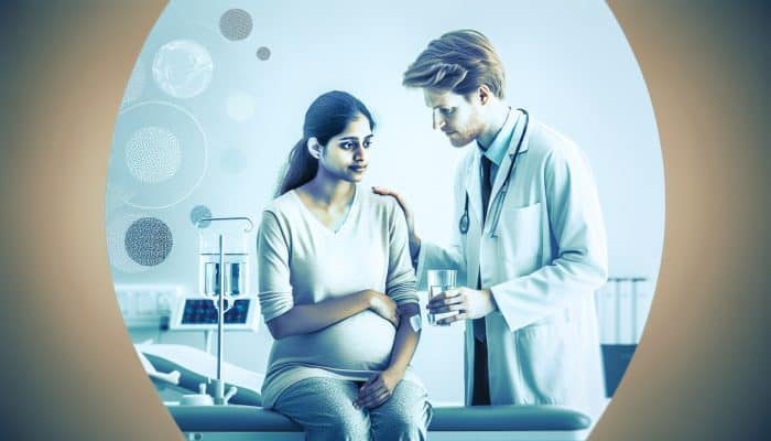Pregnant woman in a modern Liverpool clinic, showing slight bruising on her arm and appearing dizzy, as a nurse offers her water and guidance.